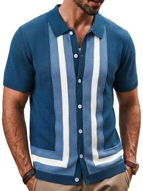 Men's Peacock Blue-vintage Striped Knit Button-Down Beach Short Sleeve Shirt